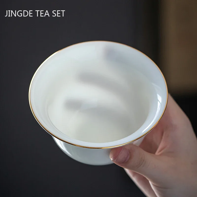 Suet Jade White Porcelain Gaiwan Teacup Handmade Ceramic Tea Tureen Home Teaware Drinkware Travel Cup Chinese Tea Ceremony images - 6