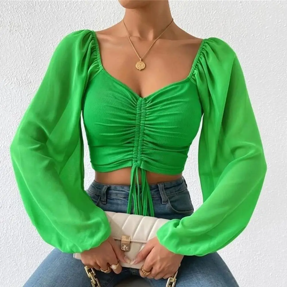 

Women V-neck Lantern Long Sleeve Cropped Tops Chiffon Lace-up Solid Color Navel Exposed Slim Fit Pullover Tops Blouse Streetwear