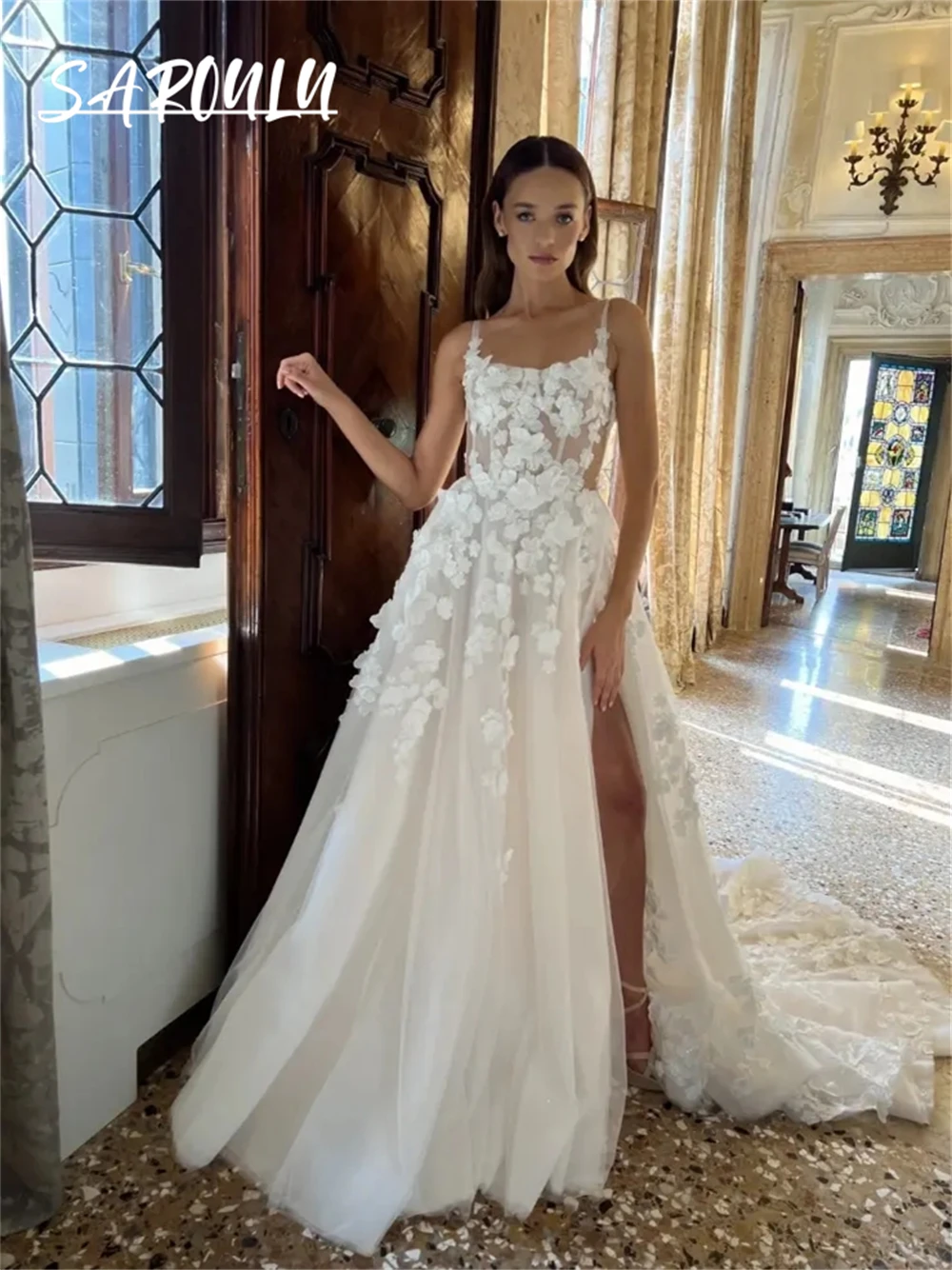 

Romantic Long A Line Wedding Dress With Floral Appliques and Modern Square Neckline Sexy Side Slit Court Train Bride Dress
