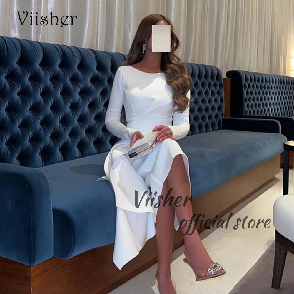 

Viisher White Satin Mermaid Evening Dresses Long Sleeve O Neck Prom Dress Spandex Satin Arabian Dubai Formal Occasion Gowns