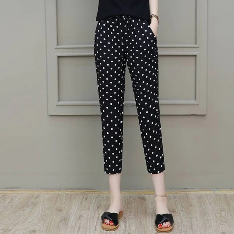 2023 Summer New Fashion Trend Classic Stripes and Dots Women's Pants Sports Loose Casual Simple Slim Versatile Harlan Capris large pregnant women carrying 50 pounds of extra weight 2023 new trendy harlan pants suspender trousers straps pantalones