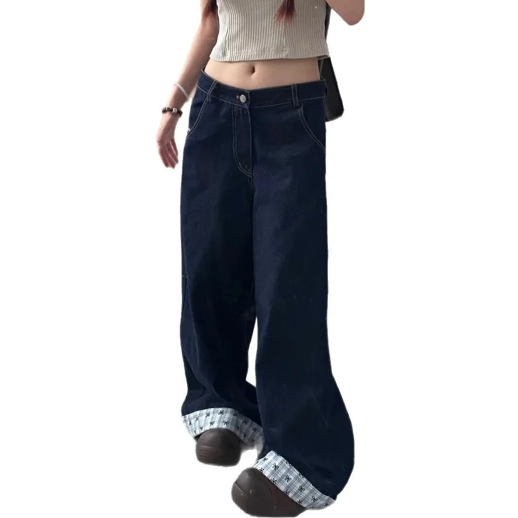 American Retro Plaid Splicing Jeans Women Loose Wide Leg Pants Spring Season Small Audience Butterfly Knot Long Pants - Image 5