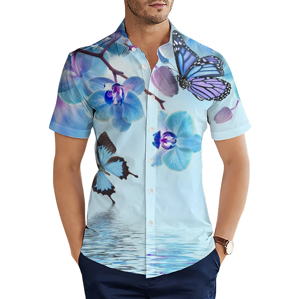 

CLOOCL Fashion Animal Hawaii Shirts Plant Blue Orchid Butterfly 3D Printed Casual Shirts Men Summer Short Sleeve Tops Camisas