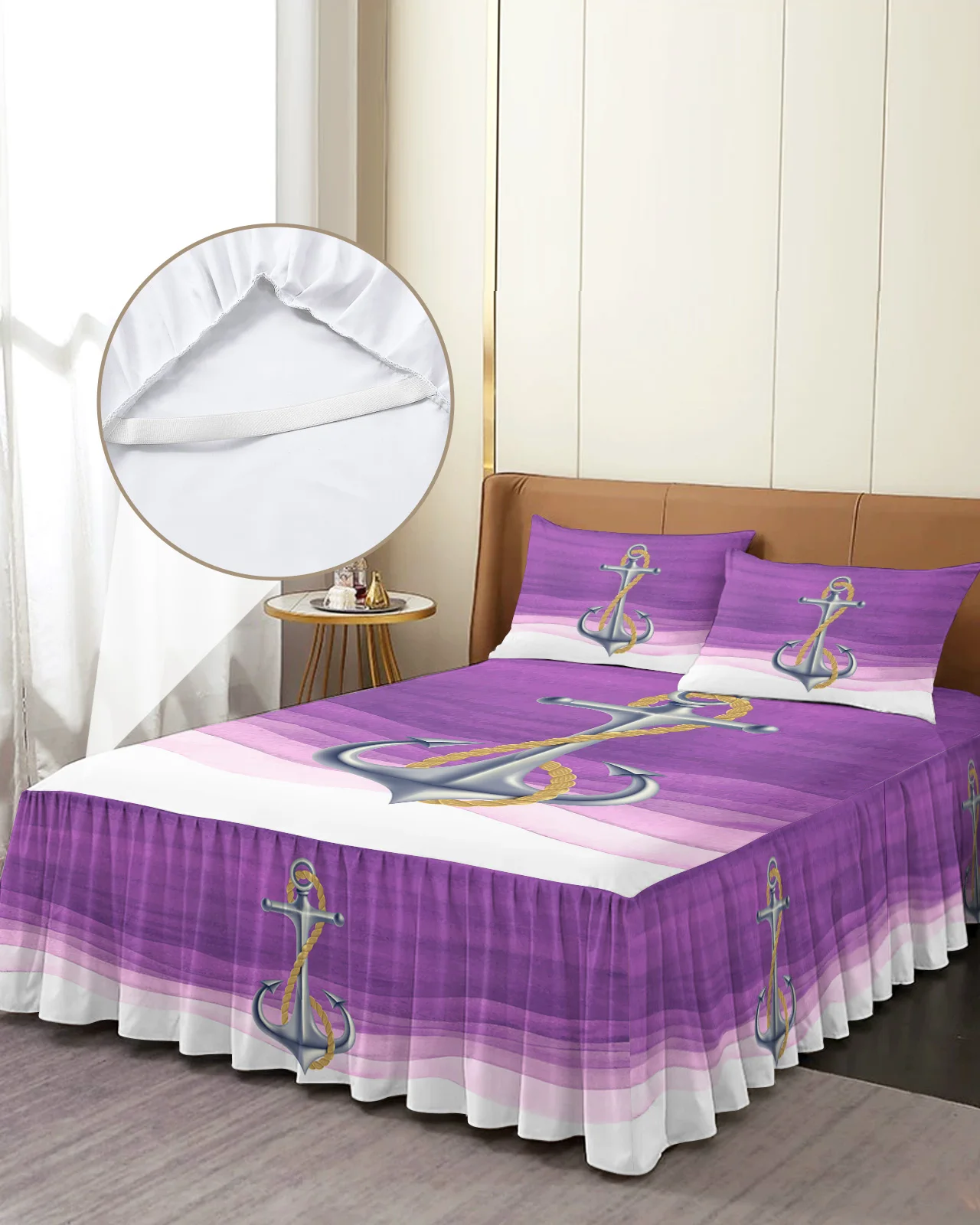 

Ocean Gradient Anchor Purple Bed Skirt Elastic Fitted Bedspread With Pillowcases Mattress Cover Bedding Set Bed Sheet