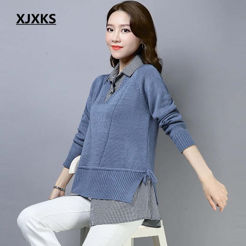 

XJXKS Turn-down Collar Women Fake Two Pieces Sweater Fashion Brand Design New Selling Ladies Women Pull Femme Jumper Clothing