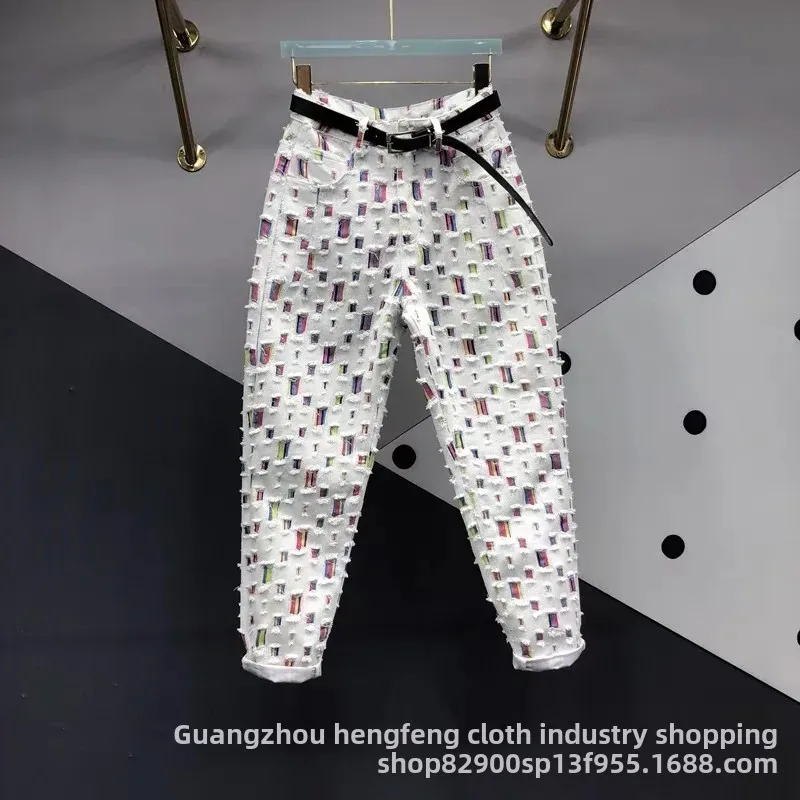 Fashionable Denim Fabric for Clothing Outerwear Pants Skirts Jackets Hole Punching Ripped Stripe Tassel Set Apparel Bag Material
