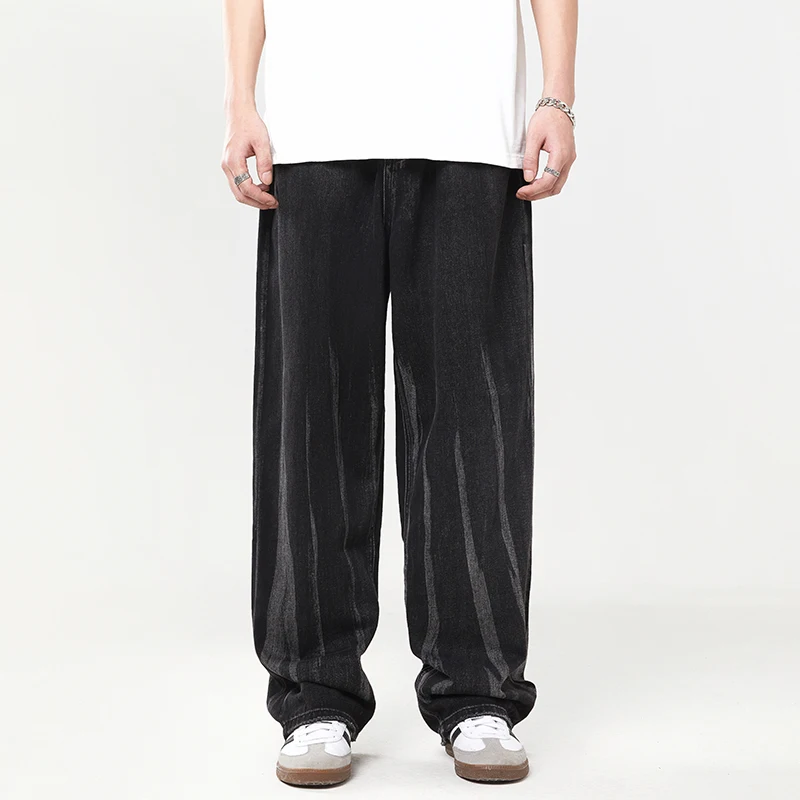 2024New Black Jeans Men's Trend Loose Straight Hip-Hop Street Fashion Personality Boy Mop Trousers