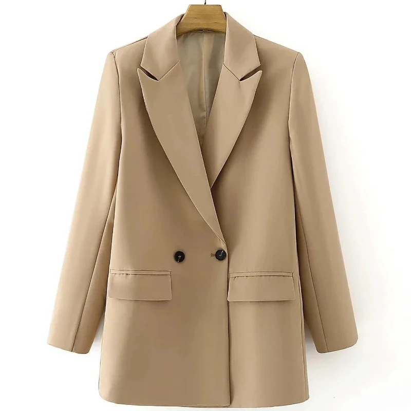 Women Chic Office Lady Fashion Notched Collar Long Sleeve Ladies Outerwear Stylish Tops Double Breasted Blazer Vintage Coat