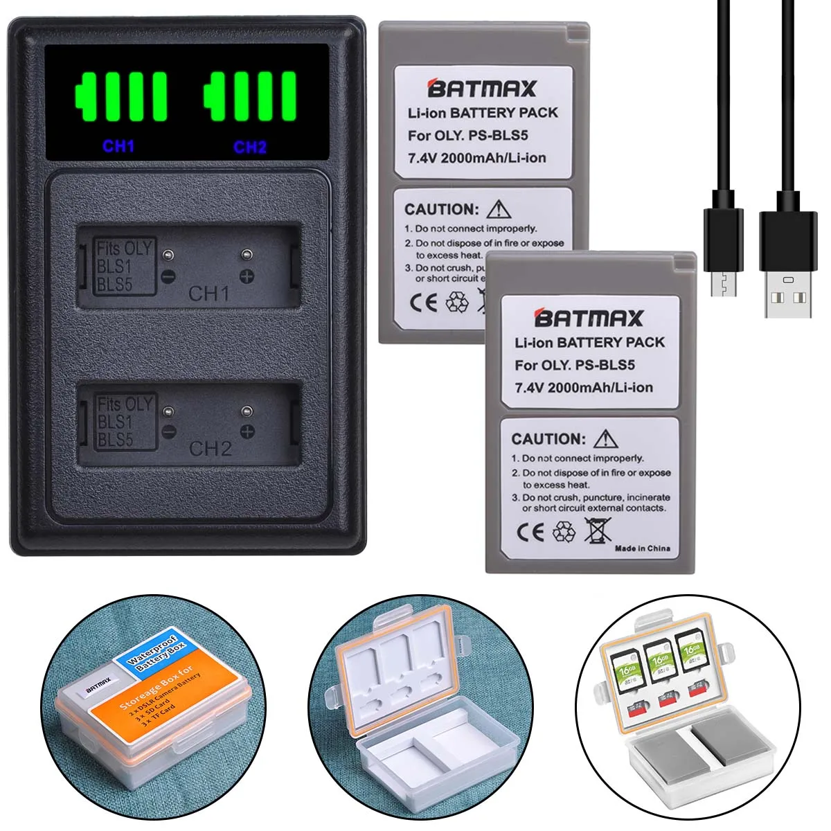 Batmax 2Pc Ps-Bls5 Ps-Bls50 Batteria Bls5 + Doppio Caricatore Led Con Tipo C Per Olympus Pen E-Pl2,E-Pl5,E-Pl6,E-Pl10,E-Pm2,Om-D E-M10