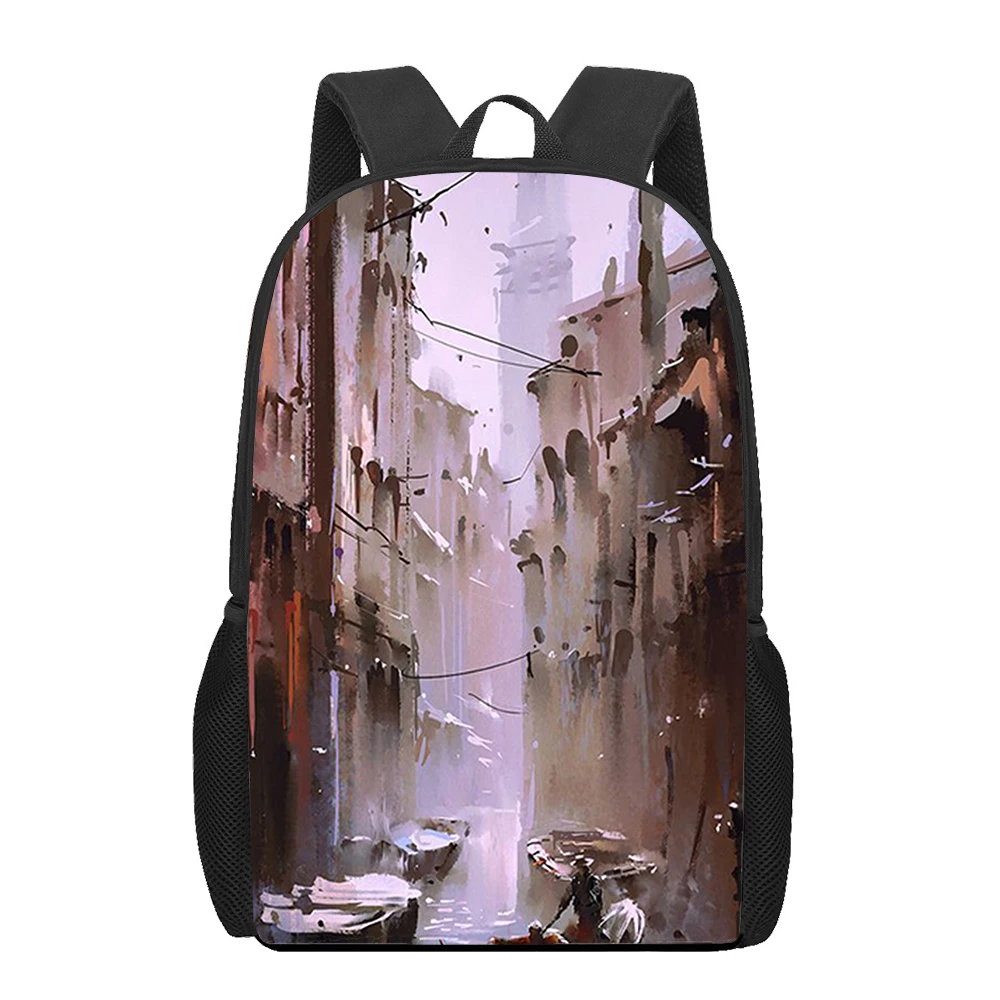 Watercolor Painting Landscape 3D Print School Bag Set for Teenager Girls Primary Kids Backpack Book Bags Large Capacity Backpack