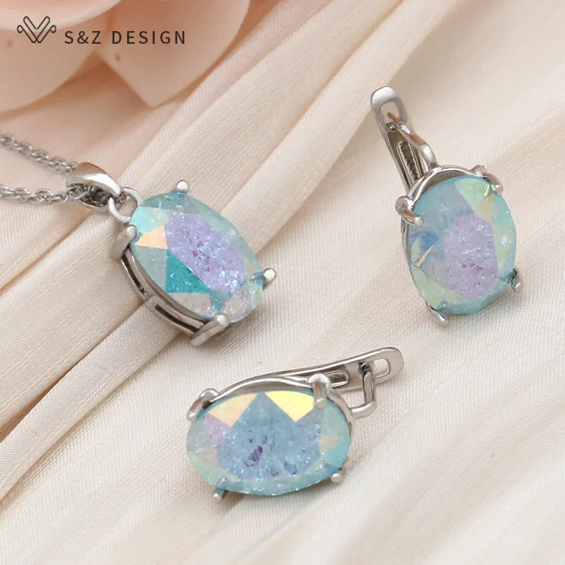 S&Z DESIGN New Fashion 585 Rose Gold Color Egg Shape Oval Crystal Drop Earrings Jewelry Sets For Women Party Pendant Necklace