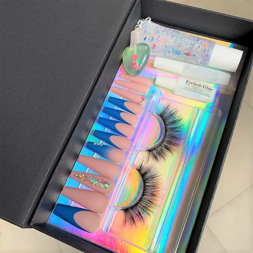 Press On Nail And Lashes Set Box Package Nails Patches Lipgloss Set Volume 3D Faux Mink Eyelashes Kit