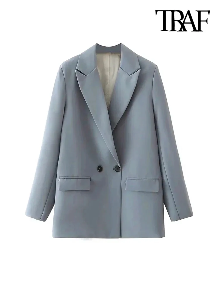 TRAF Women Chic Office Lady Double Breasted Blazer Vintage Coat Fashion Notched Collar Long Sleeve Ladies Outerwear Stylish Tops 3