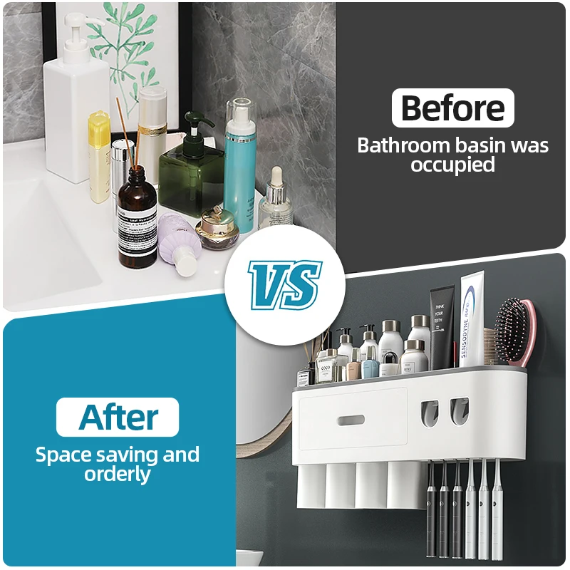 Toothpaste squeezer toothbrush holder toothpaste dispenser bathroom storage rack Bathroom Magnetic Adsorption Inverted Toothbrush Holder Wall-Automatic Toothpaste Squeezer Storage Rack Bathroom Accessories
