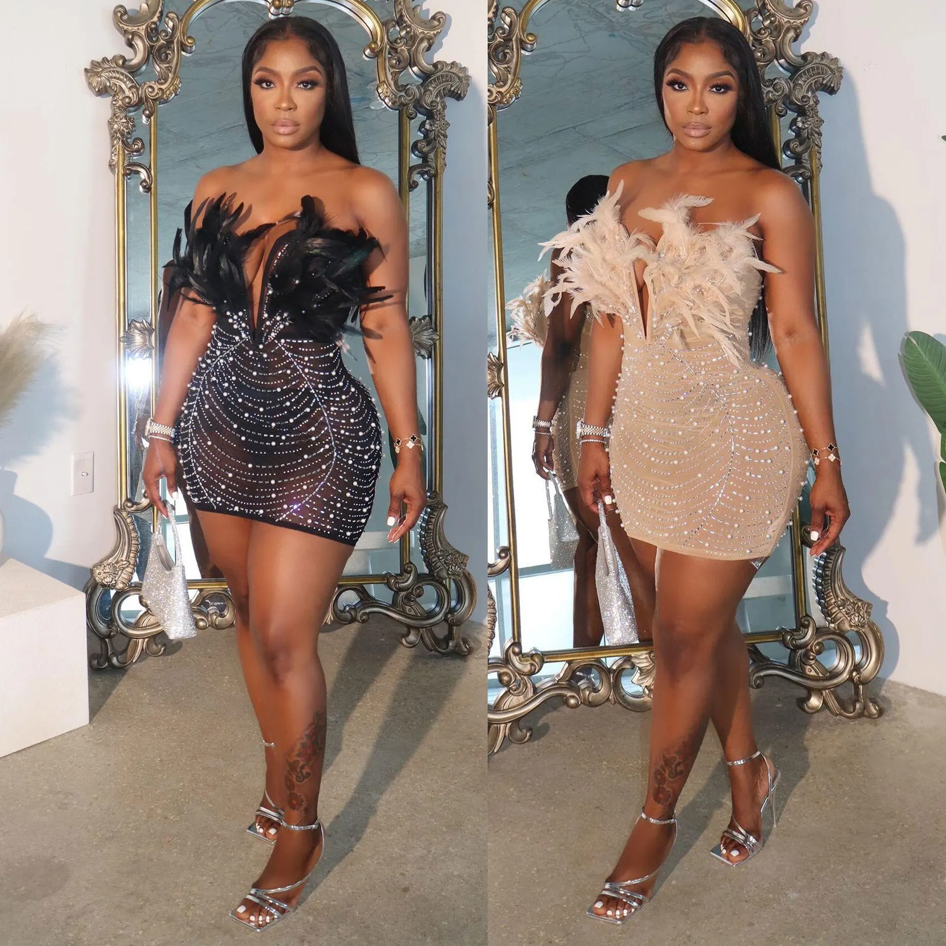 

Feathers Mesh Rhinestone Mini Luxury Dress Sexy Club Party Bodycon Evening Chic Dresses Deep V Neck Diamond Prom Short Dress