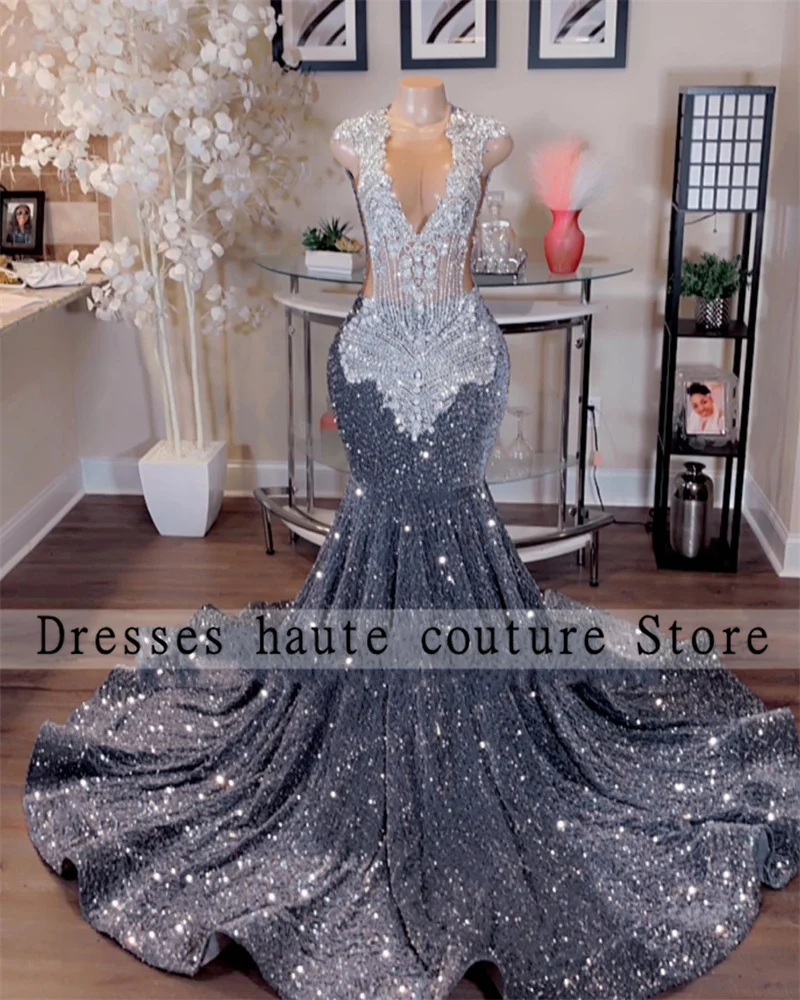 

Sliver Sequin Diamonds Mermaid Prom Dresses 2024 For Black Girl Luxury Rhinestones Ctystal Birthday Party Dress Evening Dresses