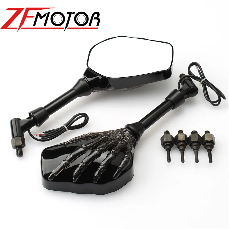 Pair Motorcycle Mirror Skeleton Skull Hand Claw Side Rear View Mirrors LED Turn Signal Light 8mm 10mm Universal front license plate bracket