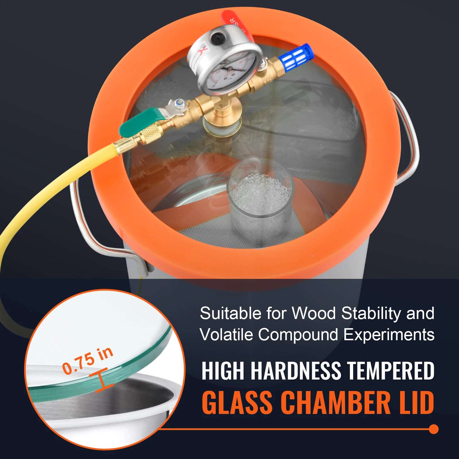 SucceBuy 3/5 Gal Upgraded Tempered Glass Lid Vacuum Degassing Chamber 304 Stainless Steel for Stabilizing Wood, Resin Degassing