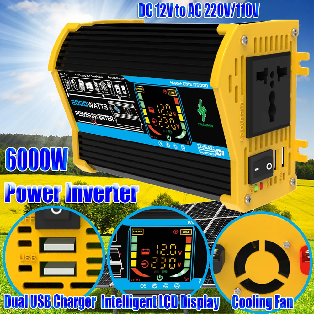 6000W 전력 변환기 DC 12V를 AC 110V 220V로 변환하는 듀얼 USB 차량용 전압 변환기 LCD 디스플레이 디지털 파워 인버터 (태블릿, RV용)