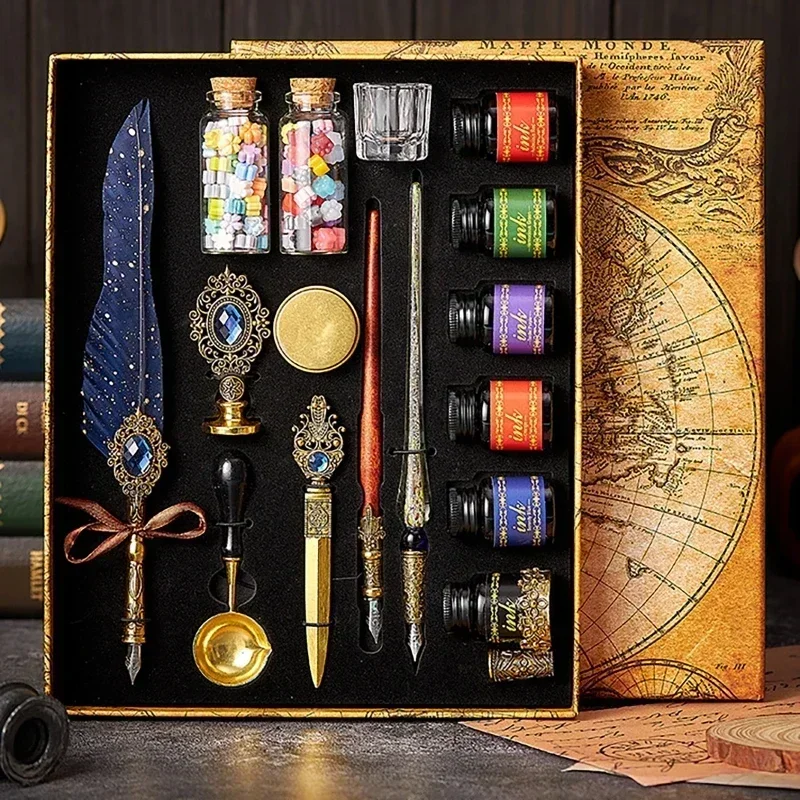 앤티크 스프링클링 깃털 딥 펜, 잉크 빈티지 서예 펜 세트, 만년필, 미술 용품, 공예품, 학생 DIY 선물, 17 개