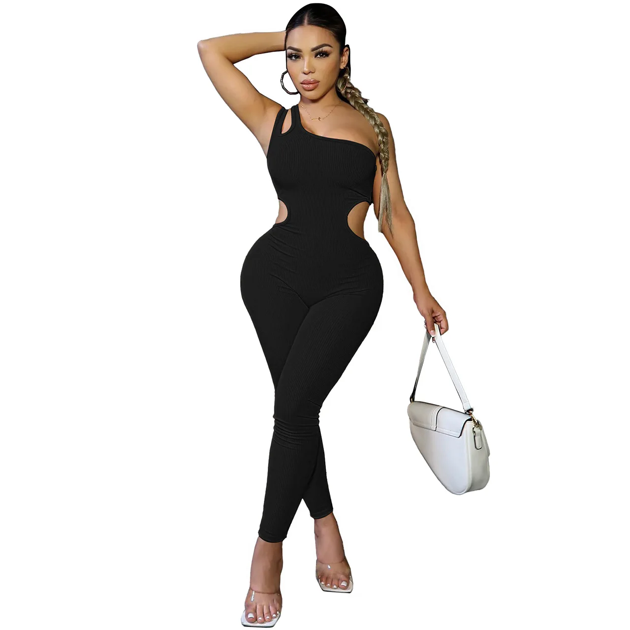 Casaul Women Jumpsuit One Shoulder Cut Out Streetwear Playsuit Solid Color Long Romper Women Jumpsuit Overalls