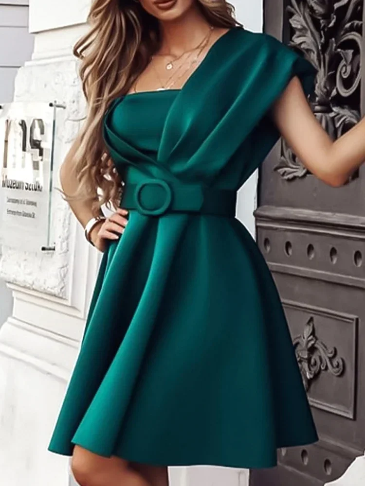Women One Shoulder Backless Party Evening Mini Dress Fashion Solid A Line Pleated Dress Lady Elegant Slim Sleeveless Dress 2022