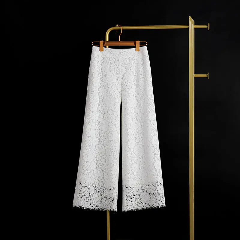 Korean Fashion Summer Pants Women Solid Zipper High Waist Lace Versatile Loose Casual Straight Ankle Length Wide Leg Trousers
