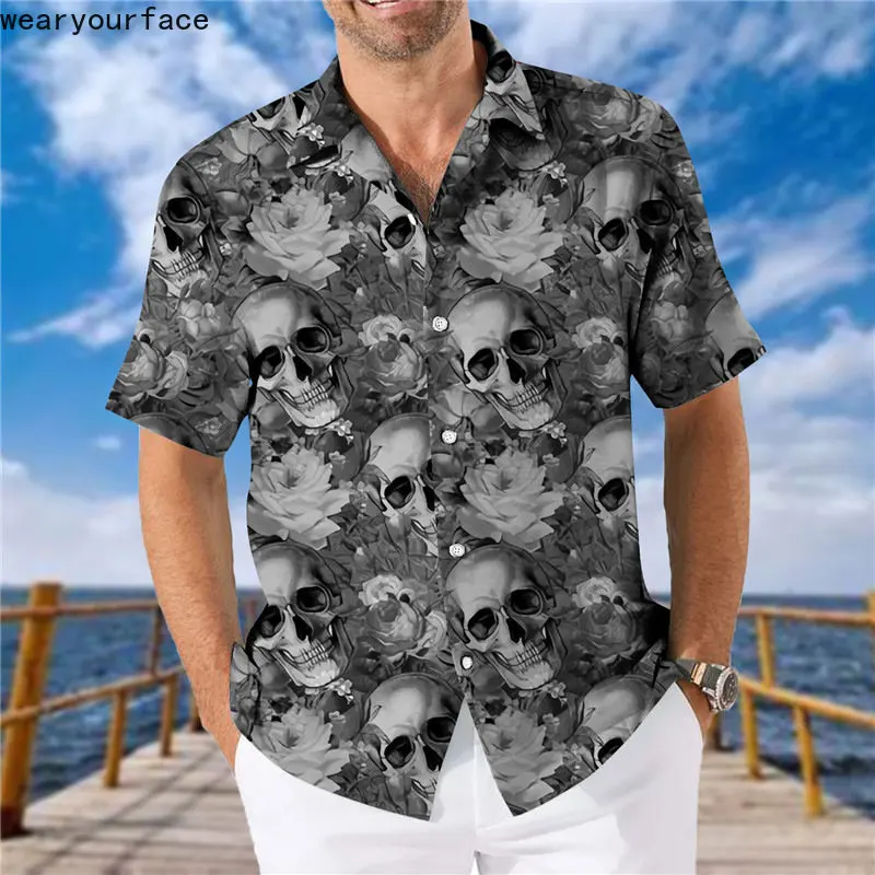 

Hawaiian Shirts Printed Skull Dragonfly Pineapple Graphics Dress Shirt Buttons Short Sleeve Streetwear Beach Casual Men Clothing