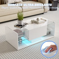 Table basse Superaly haute brillance, table de canapé blanche moderne avec éclairage LED, tiroir et compartiment ouvert, table d'appoint 100 x 50 x 35 cm, pour salon, bureau 7