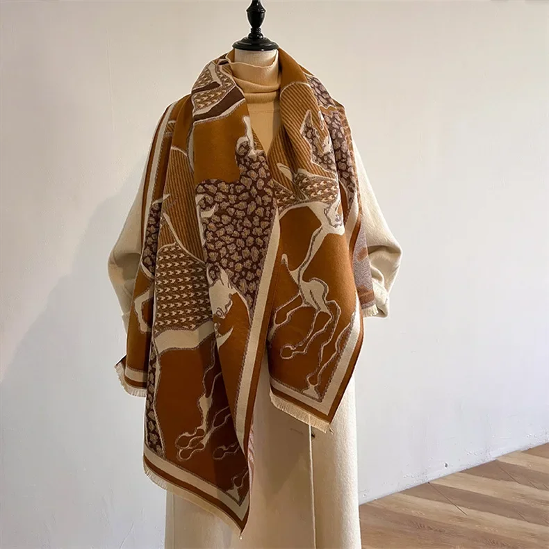 

2024 Designer Double Sided Hourses Winter Shawls Wraps Cashmere Scarf Women Thick Blanket Bufanda Ladies Pashmina 180x65cm