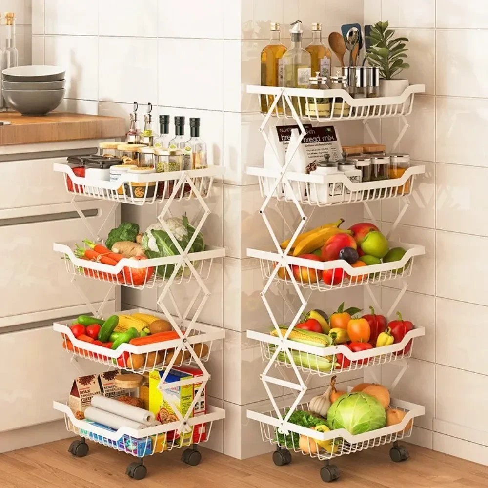 Movable Kitchen Fruit Basket Stackable Crevice Vegetable Storage Cart Floor-Mounted Multi-Layer Shelf Folding Rack Trolley Cart 3