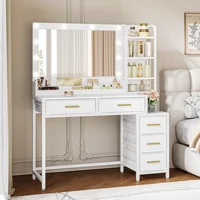 Туалетный столик с большим зеркалом, Туалетный столик с 5 ящиками, 5 открытых отделений, место для хранения перед зеркалом, белый — изображение 2