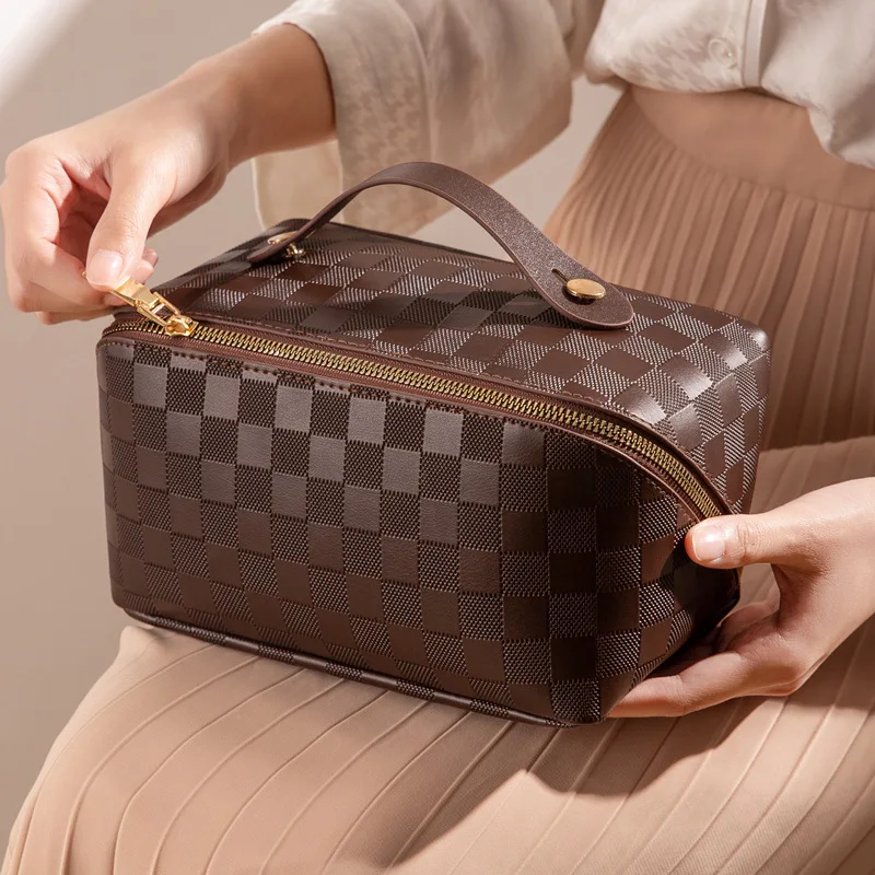  Makeup Bag for women Large Brown Checkered Makeup Bag