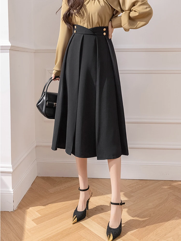 Autumn Vintage Pleated Long Skirt Women Elegant High Waist