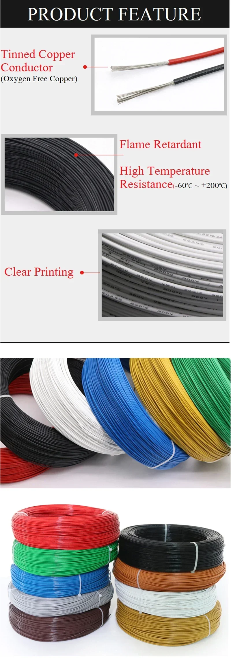 Description Picture 3 of itemUL1332 PTFE Wire FEP Plastic Insulated 30/28/26/24/22/20/18/16/14/13/12/11/10AWG High Temperature Electric Cable for 3D Printer