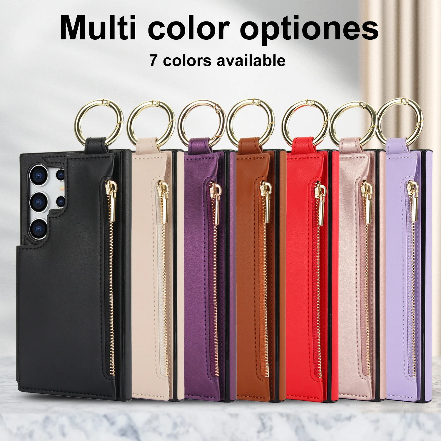 Ring Holder Zipper Cards Solt Leather Wallet Case For Samsung Galaxy S24 Ultra S23 Plus S22 S21 FE A55 A15 A35 A25 A14 A54 Bag_voghion.com