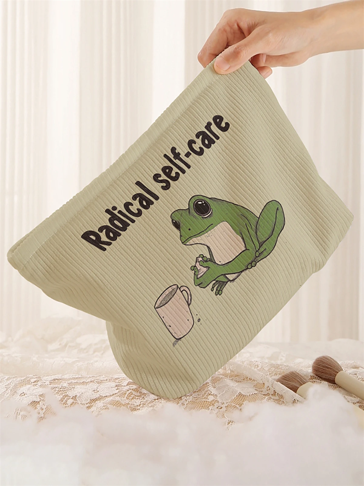 1pc frog pattern printed corduroy makeup bag, lightweight zipper makeup storage box, multifunctional bag with lining