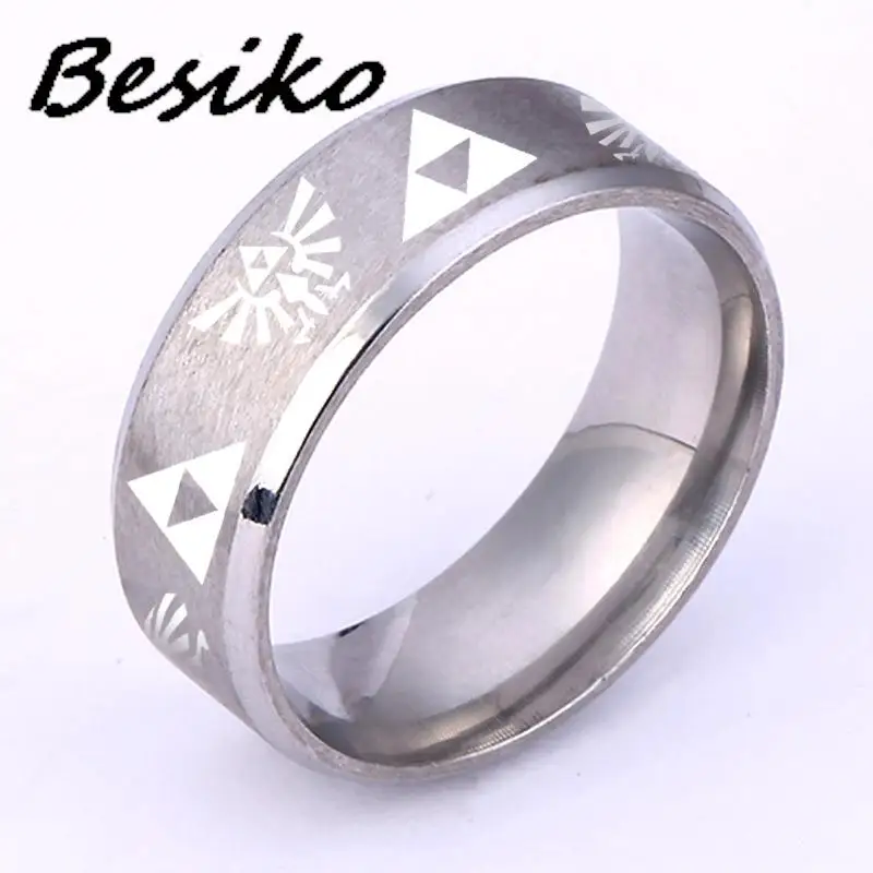 Besiko 8mm The Legend of Triforce Triangle Symbol Band Ring for Men Women 316L Stainless Steel Cosplay Finger Rings 2