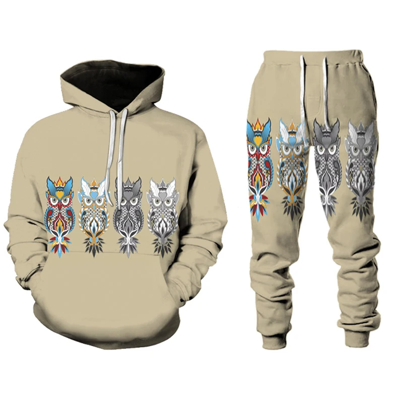 3D Owl Men's Sports Hoodie Set Fashion Men's Pullover Sweater+Sweatpants 2-Piece Oversize 6XL Spring and Autumn Men's Casual Set