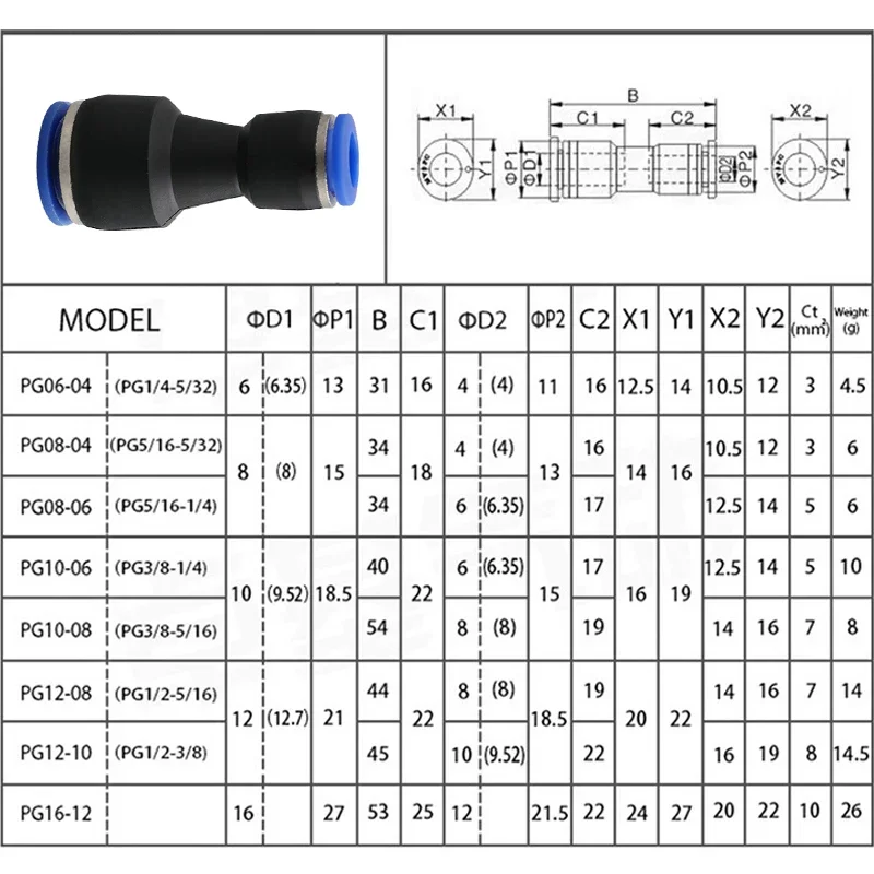 Pu Pneumatic Fittings Plastic Connector PG 4mm 6mm 8mm 10/12/14mm 16mm Air water Hose Tube Push in Straight Gas Quick Connectors