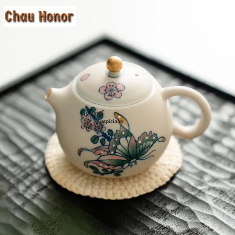 110ml Hand-painted Butterfly Cream Teapot Zen Tea Infuser Pot Household Tea Soaking Kettle with Ball Hole Tea Items Ornaments