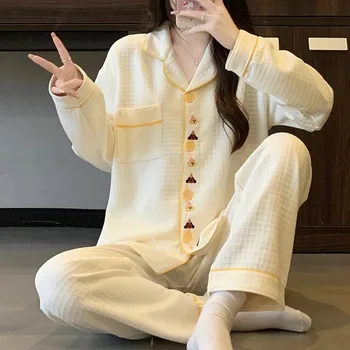 لطيف تطريز أنيق تصميم منامة مجموعة امرأة Harajuku نمط Kawaii طويلة الأكمام المرأة منامة الخريف الشتاء ملابس خاصة جديدة 2