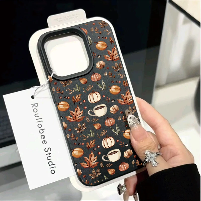 Autumn Leaf Pumpkin Coffer Leather Phone Case