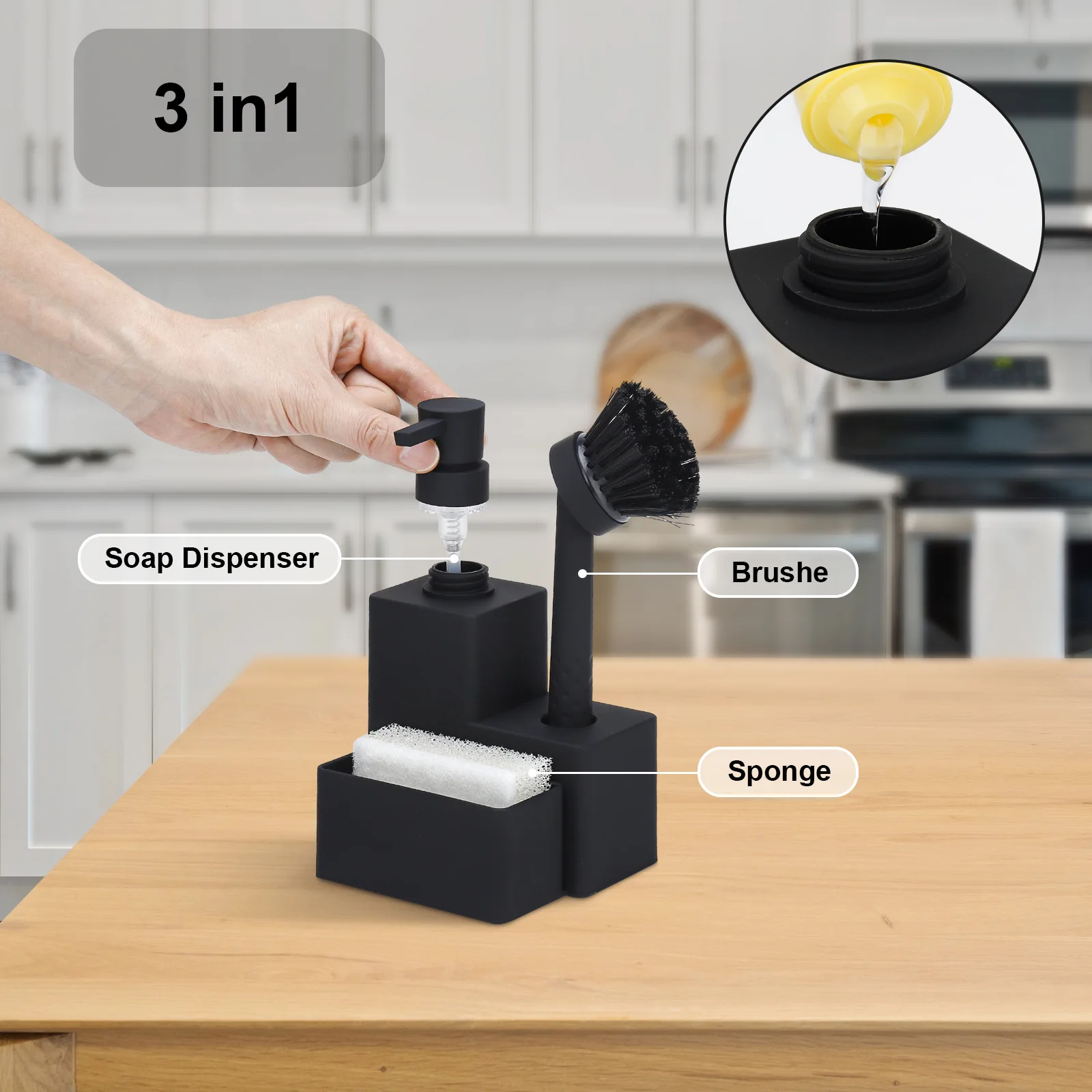 Description Picture 4 of itemModern Square Dish Soap Dispenser with Sponge Holder and Brush 3 in 1 Set for Kitchen Sink Countertop Organizer Matte Black