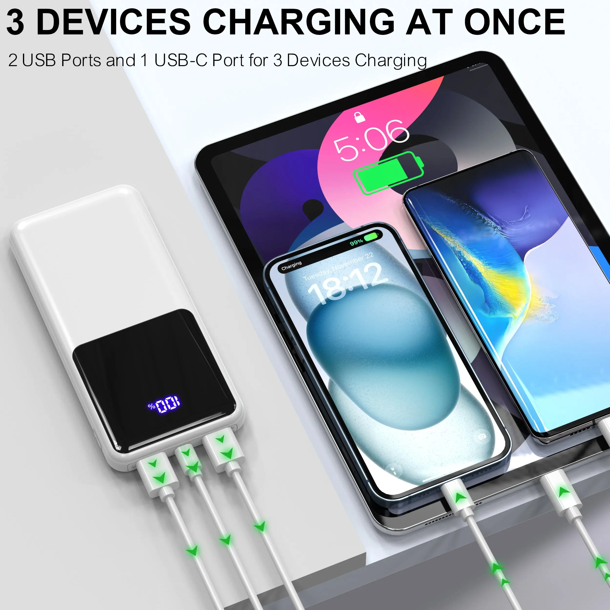 Power Bank Battery Pack Portable Charger, 10000mAh, PD 22.5W, Slim Design, 3 Outputs & 2 Inputs with LCD Display 2