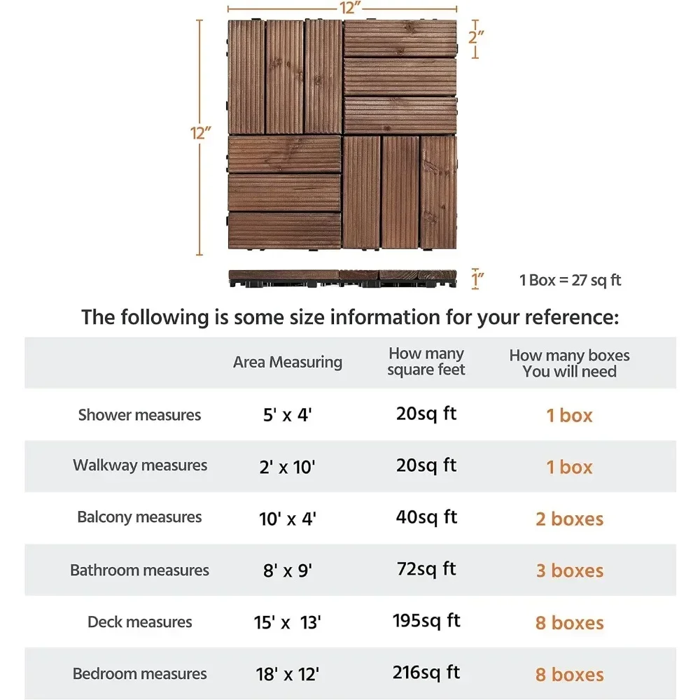 27PCS Wooden Decking Tiles 12 x 12in Hardwood Interlocking Patio Deck Tiles Composite Floor Covering for Platform Patio Garden