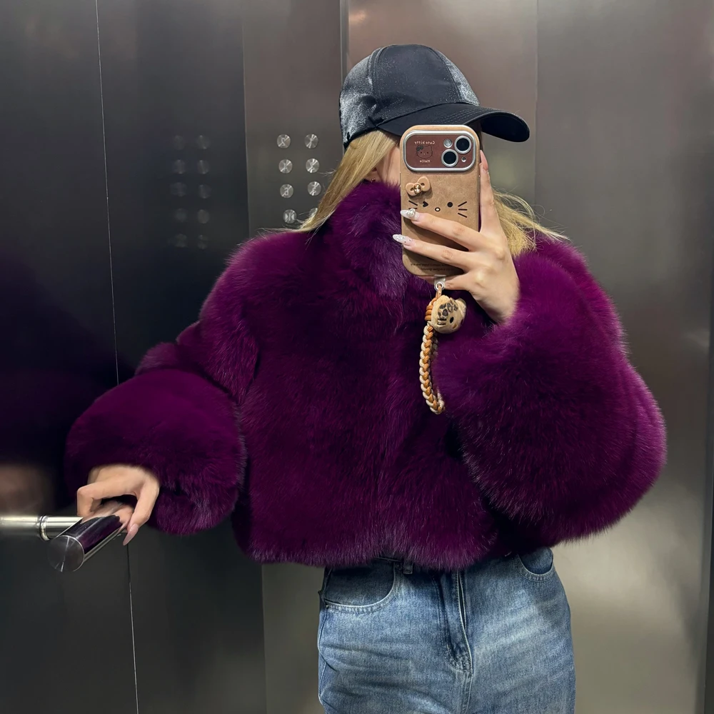 女性リアルフォックスファークロップドジャケットスタンドカラー 2025