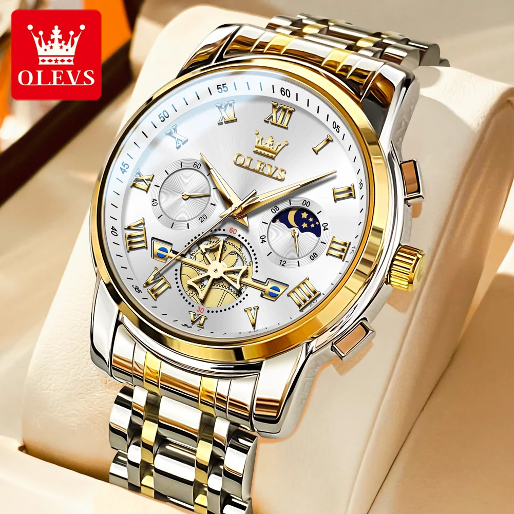 

OLEVS 2859 Moon Phase Watch Men Stainless Steel Waterpoof Luminous Moonswatch Fashion Chronograph Quartz Wrist Watch for Men New