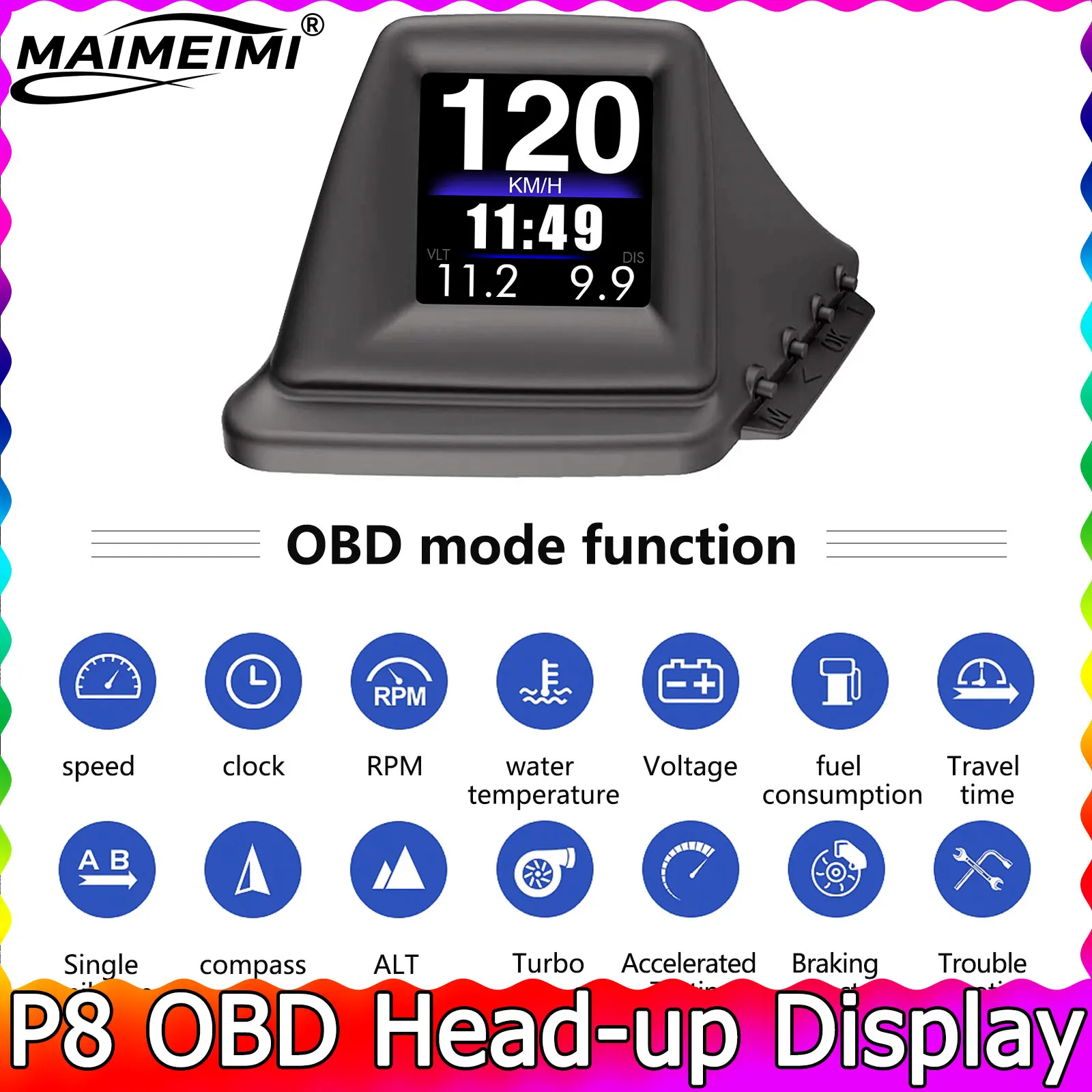 P8 OBD2 HUD 온보드 컴퓨터 속도계 RPM 터보 부스트 전압 오일 압력 수온 GPS 속도계 헤드업 디스플레이