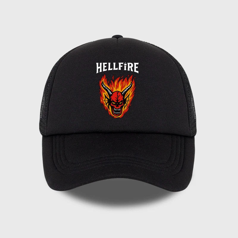 MLFO Hellfire Demon Flame Skull 프린트 트러커 캡 레트로 스트리트웨어 패션 유니섹스 데일리 통근 및 야외 하이킹 팬 선물
